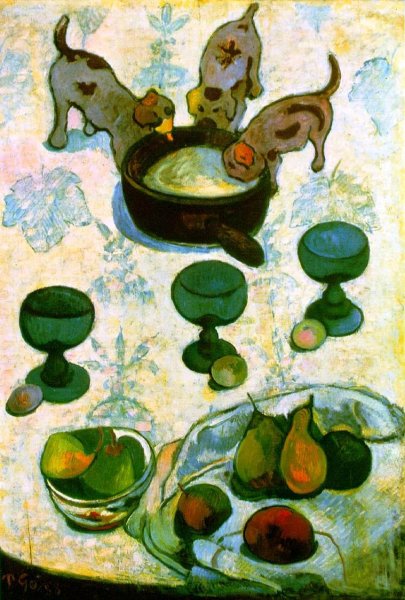 Main Product Photo of Still Life with Three Puppies  Painting by Paul Gauguin
