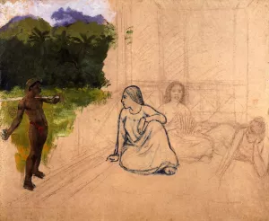 Tahitians at Rest Unfinished Oil painting by Paul Gauguin