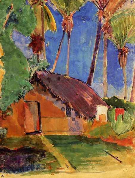 Main Product Photo of Thatched Hut under Palm Trees Painting by Paul Gauguin