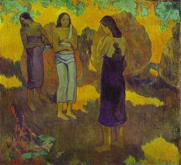 Main Product Photo of Three Tahitian Women Against a Yellow Background Painting by Paul Gauguin