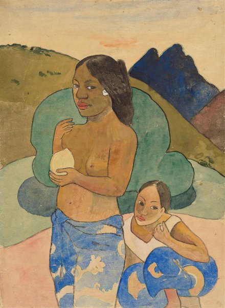 Main Product Photo of Two Tahitian Women in a Landscape  Painting by Paul Gauguin