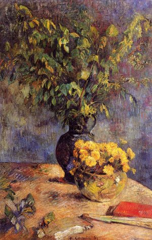Two Vases of Flowers and a Fan by Paul Gauguin Oil Painting