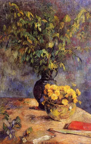 Two Vases of Flowers and a Fan painting by Paul Gauguin