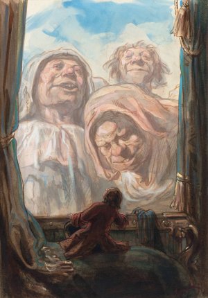 Gulliver Awed by Three Giant Beggars in the Land of Brobdingnag by Paul Gavarni Oil Painting