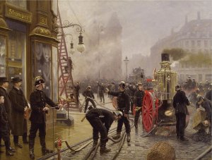 A Fire on Kultorvet by Paul-Gustave Fischer Oil Painting