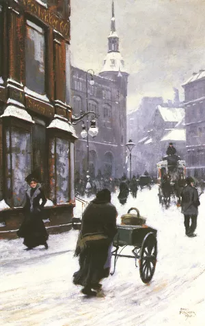 A Street Scene In Winter, Copenhagen by Paul Gustave Fischer Oil Painting