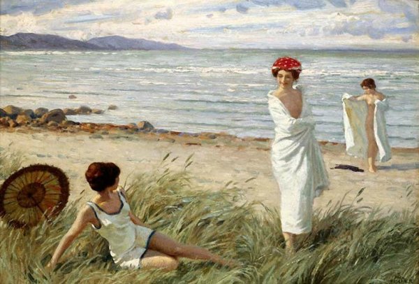 After the Swim at Hornbaek Beach, Denmark by Paul-Gustave Fischer - Hand-Painted Oil Painting Reproduction