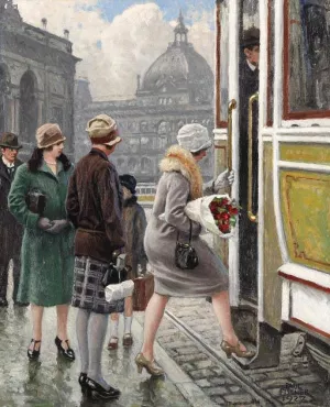 At the Tram Stop by Paul-Gustave Fischer - Oil Painting Reproduction