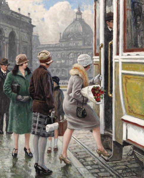Main Product Photo of At the Tram Stop Painting by Paul-Gustave Fischer