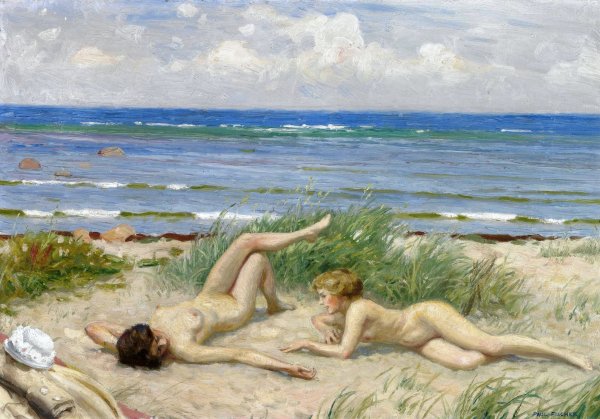 Girls on the Beach, Bastad by Paul-Gustave Fischer - Hand-Painted Oil Painting Reproduction