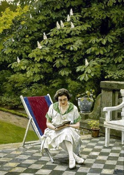 Main Product Photo of Reading on the Terrace Painting by Paul-Gustave Fischer