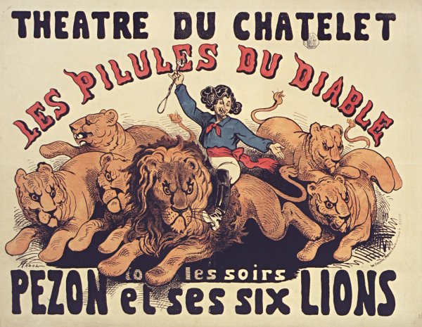 Main Product Photo of Theatre du Chatelet. Les Pilules du diable. Tous les soirs Pezon et ses six lions  Painting by Paul Hadol