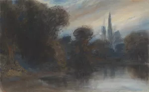 An Abbey by a Wooded Lake at Twilight by Paul Huet Oil Painting