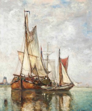 Barges Moored Before A Windmill by Paul Jean Clays Oil Painting
