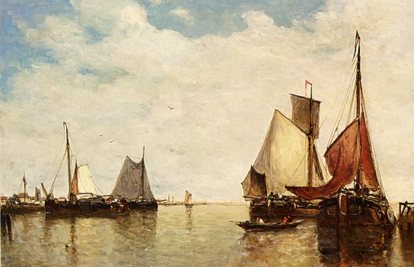 Main Product Photo of Moored Ships In A Small Harbour Painting by Paul-Jean Clays