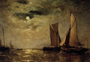 Shipping off the Coast in the Moonlight by Paul-Jean Clays Oil Painting