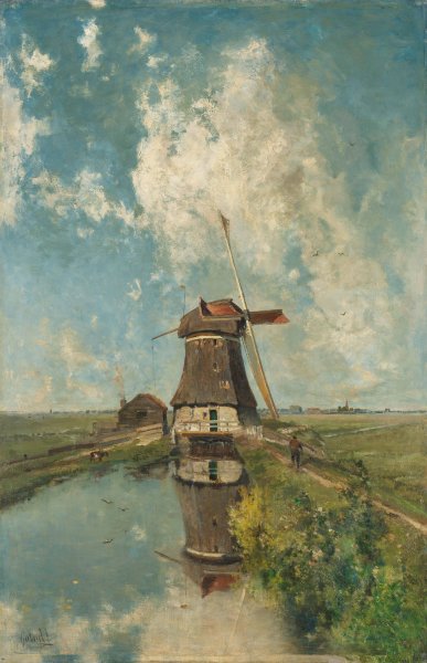 Main Product Photo of A Windmill on a Polder Waterway, Known as 'In the Month of July' Painting by Paul Joseph Constantin Gabriel