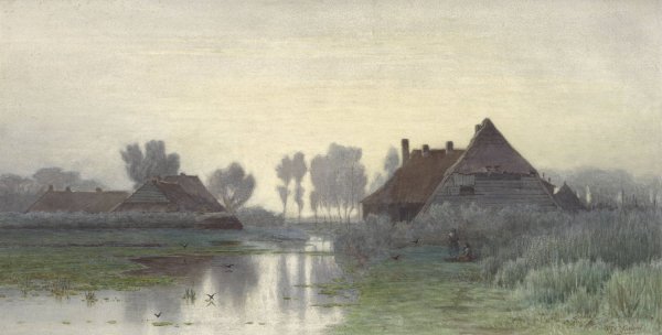 Main Product Photo of Boerenwoningen aan het water bij ochtendnevel  Painting by Paul Joseph Constantin Gabriel