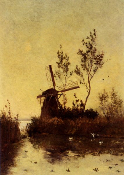Main Product Photo of A Windmill At Dusk Painting by Paul Joseph Constantine Gabriel