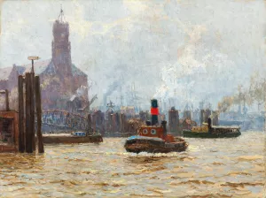 Port of Hamburg with View of the Kehrwieder Spitze by Paul Kutscha Oil Painting