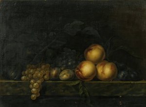 Still life with peaches, plums, grapes and figs on a marble ledge by Paul Liegeois Oil Painting