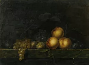 Still life with peaches, plums, grapes and figs on a marble ledge by Paul Liegeois Oil Painting