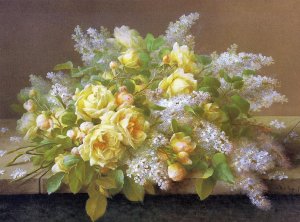 Yellow Roses and Lilacs Oil painting by Paul M. De longpre