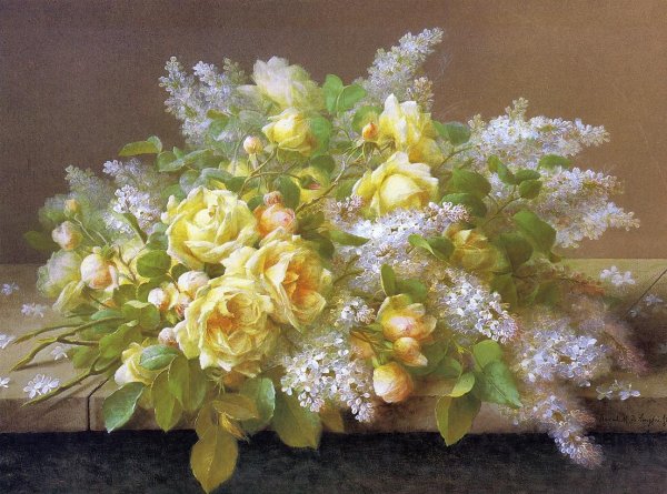 Main Product Photo of Yellow Roses and Lilacs Painting by Paul M. De longpre