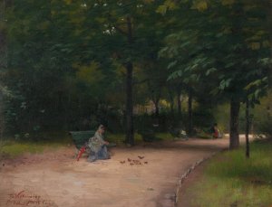 Feeding Birds In The Park by Paul Peel Oil Painting