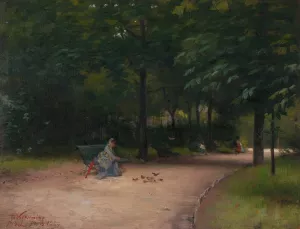 Feeding Birds In The Park by Paul Peel Oil Painting