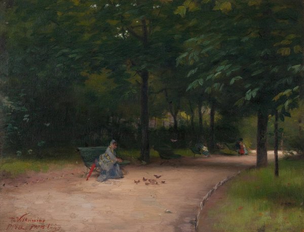 Feeding Birds In The Park  by Paul Peel - Hand-Painted Oil Painting Reproduction