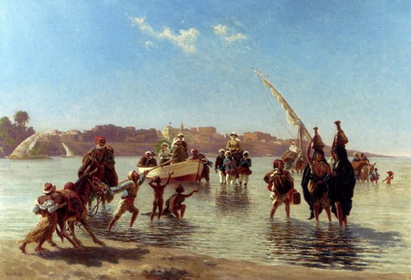 Figures Coming Ashore Near Luxor, Upper Egypt by Paul Rudolf Linke - Hand-Painted Oil Painting Reproduction