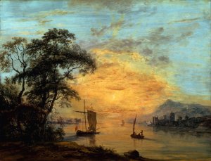 A Welsh Sunset River Landscape. by Paul Sandby Oil Painting