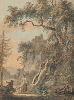 Romantic Landscape - Peasants at the Foot of a Castle on a Crag by Paul Sandby Oil Painting