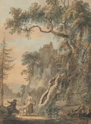 Romantic Landscape - Peasants at the Foot of a Castle on a Crag by Paul Sandby Oil Painting