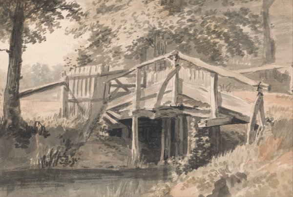Stream and Wooden Bridge by Paul Sandby - Hand-Painted Oil Painting Reproduction
