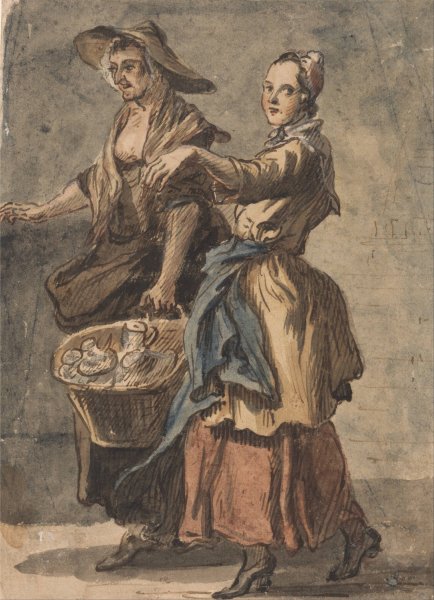 Two Women holding a Basket by Paul Sandby - Hand-Painted Oil Painting Reproduction