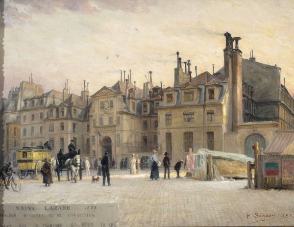 Facade de la prison Saint-Lazare, rue du faubourg Saint-Denis.  by Paul Schaan - Hand-Painted Oil Painting Reproduction
