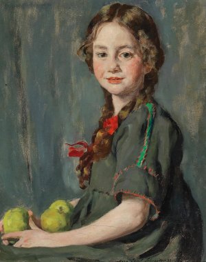 Portrait Of A Girl With Apples by Paul Schroeter Oil Painting