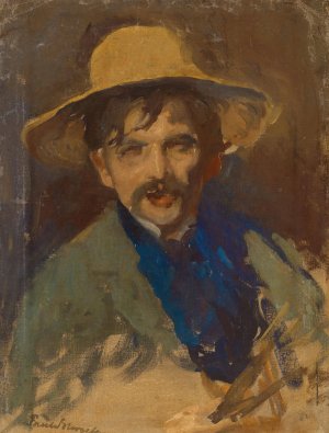 Self-portrait of the Painter with the Straw Hat of the Painter Fritz Overbeck by Paul Schroeter Oil Painting