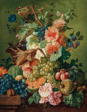 Flowers, Fruit And A Corn On The Cob On A Table Ledge by Paul Theodor Van Brussel Oil Painting