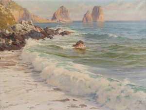 Coast at Capri with Faraglioni rocks by Paul Von Spaun Oil Painting