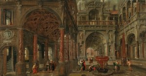 An architectural capriccio with a view of an imaginary classical palace and elegant figures by Paul Vredeman De Vries Oil Painting