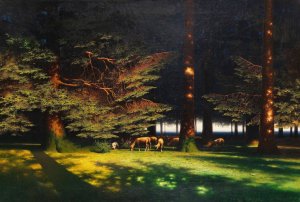 Grasende Schafe auf der Waldlichtung by Paul Wilhelm Keller-Reutlingen Oil Painting