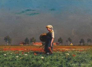 Madchen mit Korb und Flasche im Mohnblumenfeld by Paul Wilhelm Keller-Reutlingen Oil Painting