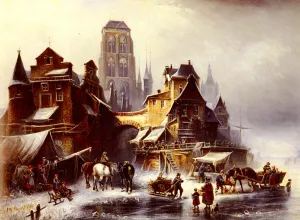 A View Of Danzig In Winter by Paul Wilhelm Meyerheim Oil Painting