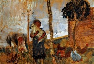 Children and chickens in front of a landscape by Paula Modersohn-Becker Oil Painting