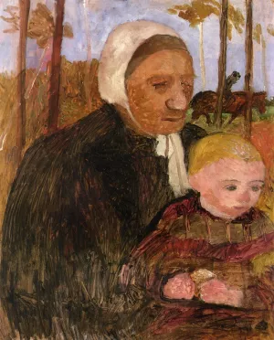 Farmwoman with Child, Rider in the Background by Paula Modersohn-Becker - Oil Painting Reproduction