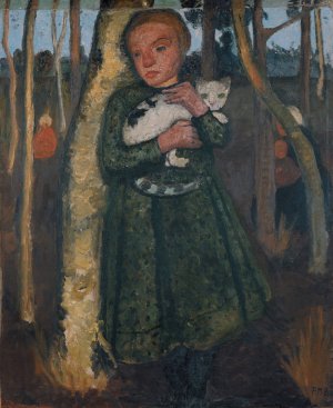 Girl in a birch forest with cat by Paula Modersohn-Becker Oil Painting