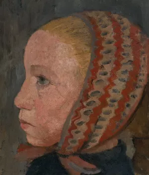 Girl's head with a striped cap in profile to the left Oil painting by Paula Modersohn-Becker